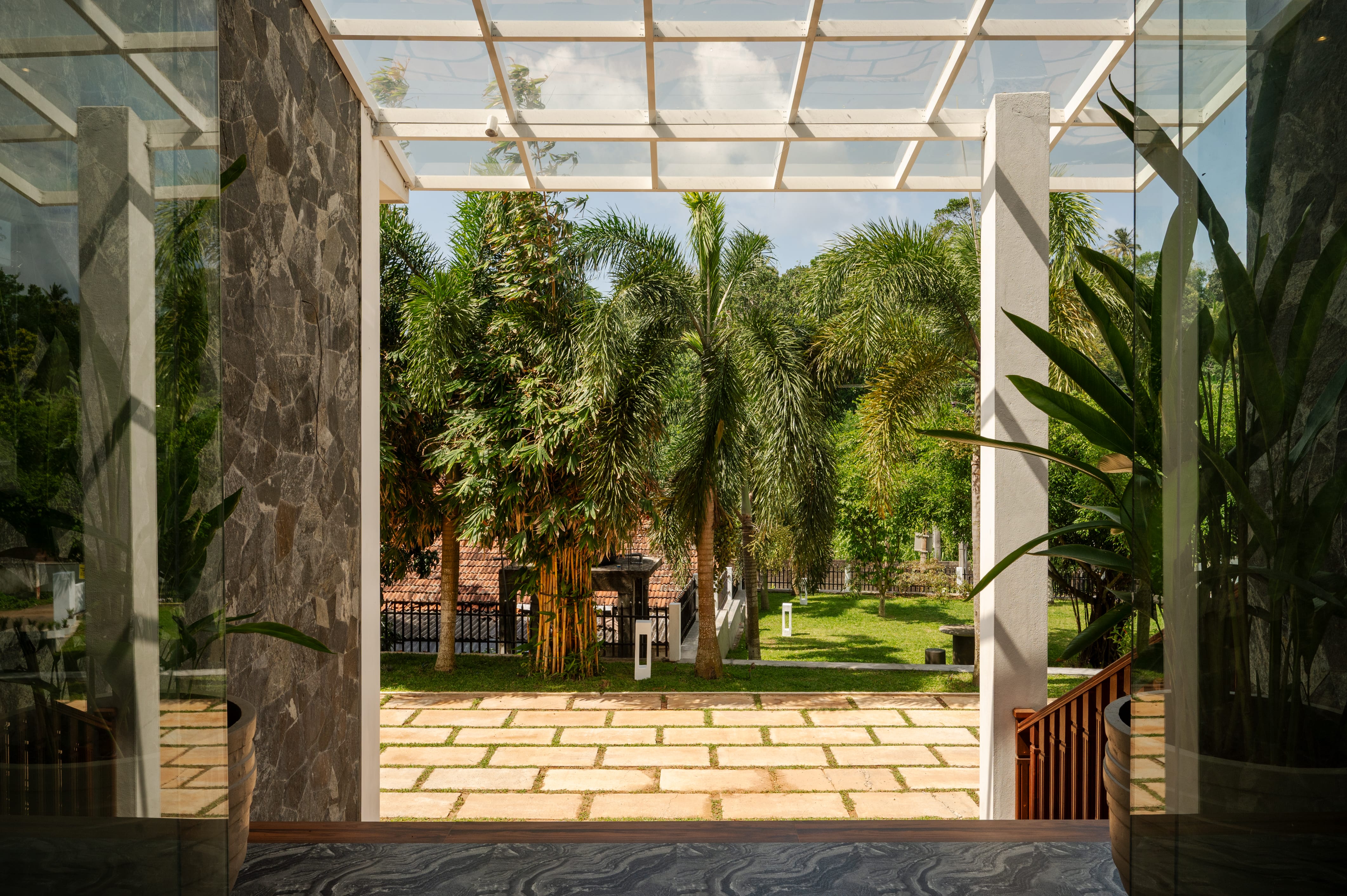 Luxury hotel lobby with ocean view